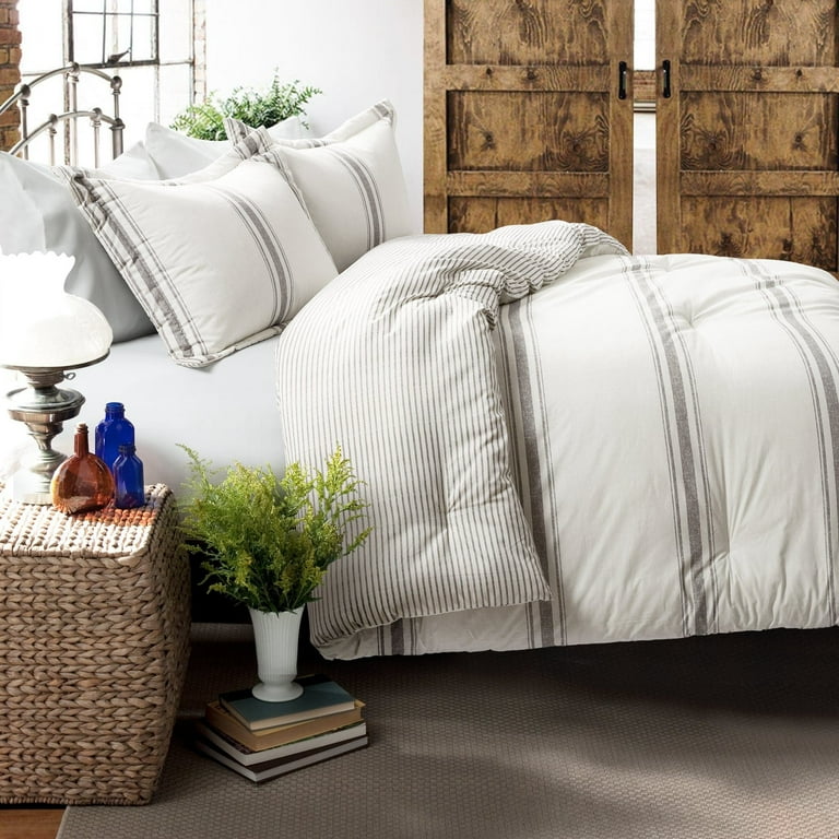 Lush Decor Farmhouse Stripe Traditional Reversible Comforter Full Queen Blue 3 Pc Set