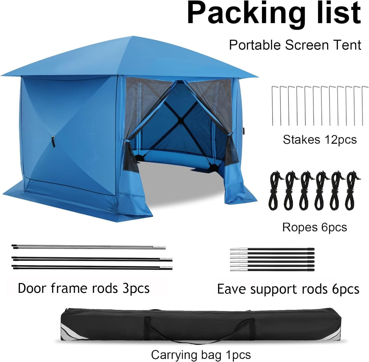 COBIZI 12x12 Pop-up Gazebo Screen Canopy with 5 Sidewalls and Mosquito Nettings for Camping, Tent Instant Screened House with Carrying Bag and Ground Stakes, Blue(Upgraded)