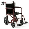 Medline Lightweight Foldable Transport Wheelchair with Handbrakes and 12" Wheels, Red Frame, Black Upholstery