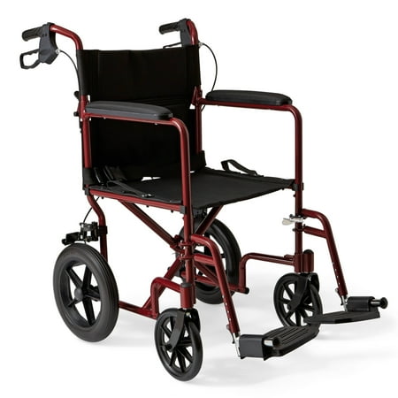Medline Lightweight Foldable Transport Wheelchair with Handbrakes and 12-Inch Wheels  Red Frame  Black Upholstery