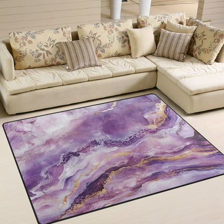 Area Rug Indoor 80 x58 Non-Slip Wear Resistant Floor Mats Soft Large Carpets for Living Room Bedroom Home Decor Washable Rug Purple Marbled with Golden