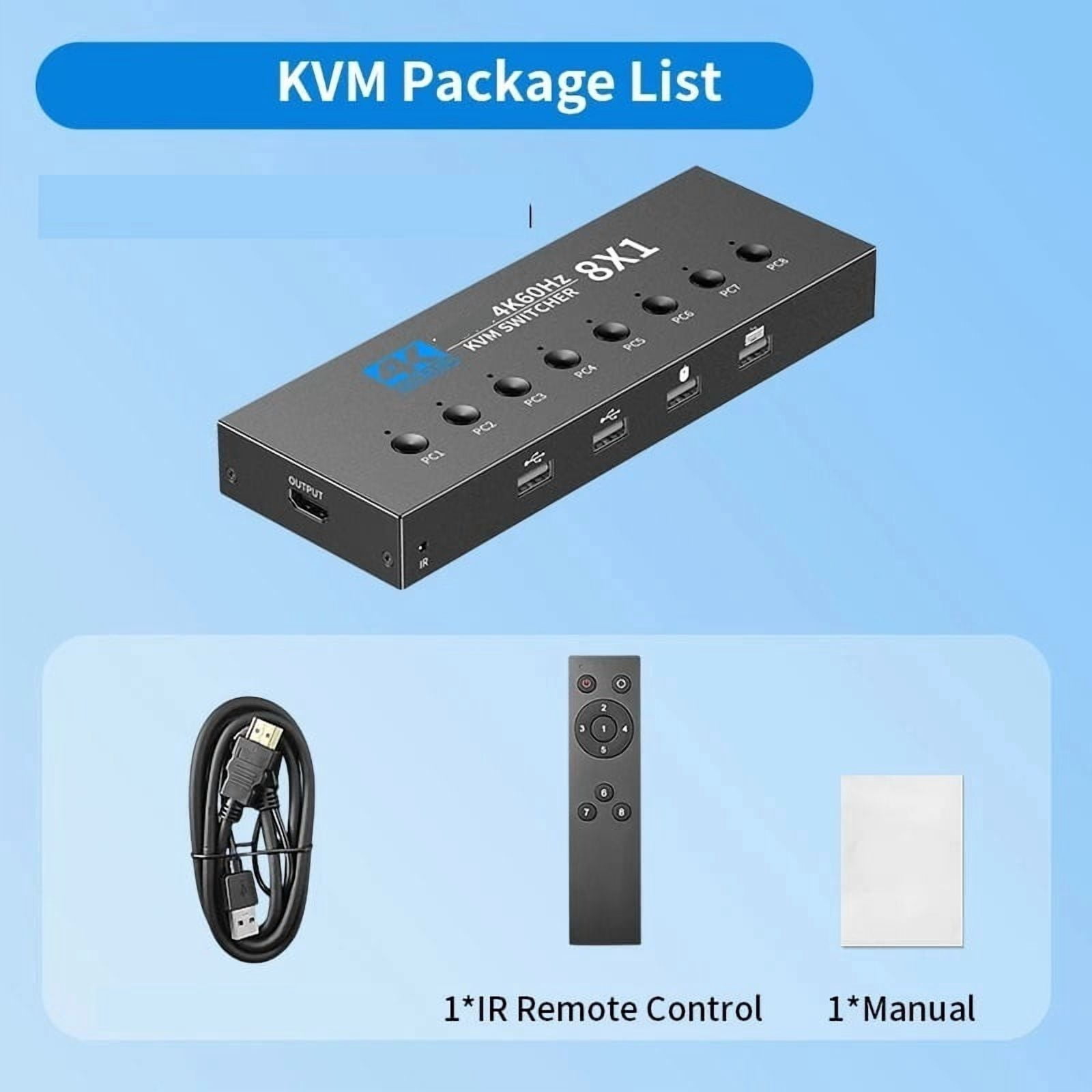 8 Port 4K 60Hz KVM Switch, Ultra HD Video Selector with IR Remote Control