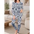 thumbnail image 4 of Women's Milk Silk Sleepwear Long Sleeve Pajama Set Indigo Blue Floral 2 Piece Loungewear, 4 of 7