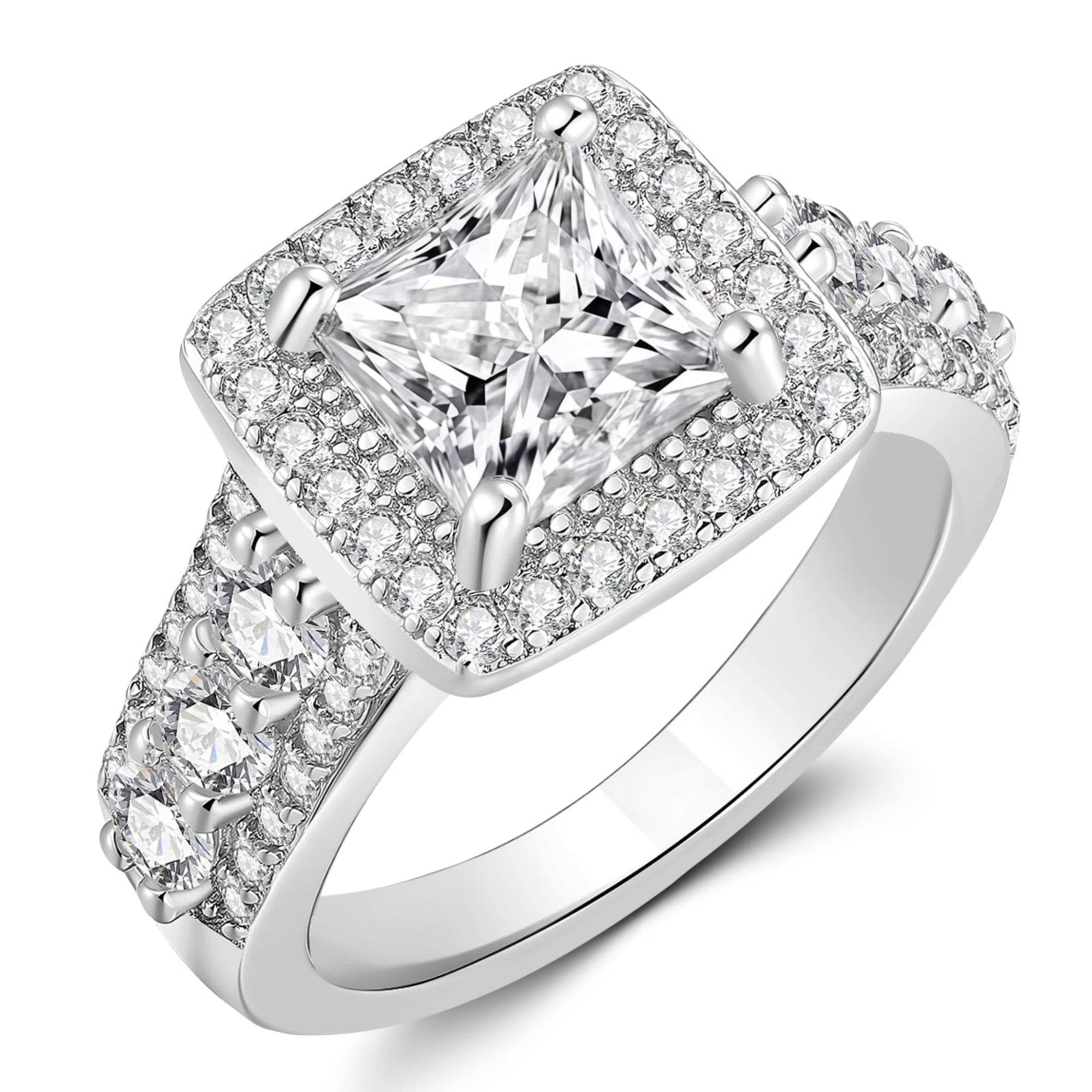 Flydeer Engagement Rings for Women Princess Cut 2CT Halo Wedding Promise Ring Silver Plated Anniversary Gift for Her Size 7