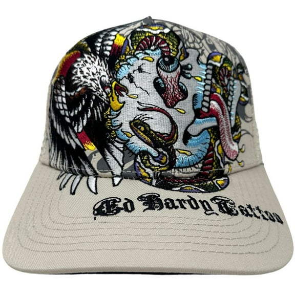 Ed Hardy Trucker Hat Embroidered Tattoo Battle Skull Cream Snapback Mesh Cap
