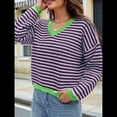 thumbnail image 4 of Suéter de Rayas de Larga para Mujer, Cuello en V, Bloque de Color, Punto Suave, Jersey de Moda Azul y Rosa L, 4 of 8