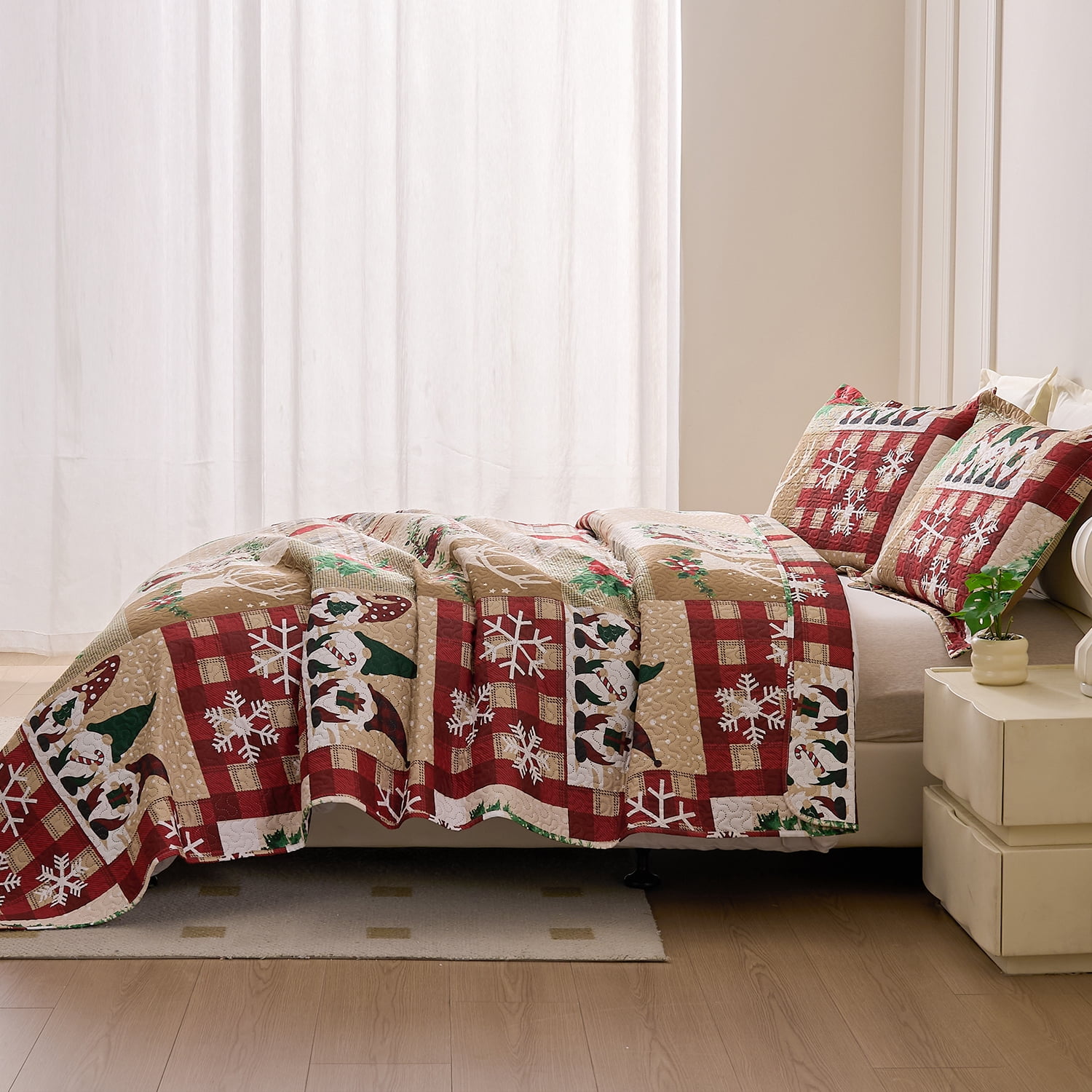 Smuge Christmas Quilt Sets Twin Size Deer Bedding Sets Snowflake Wreath Xmas Bedspread Lightweight Coverlet with 2 Pillow Shams, Red Beige Green