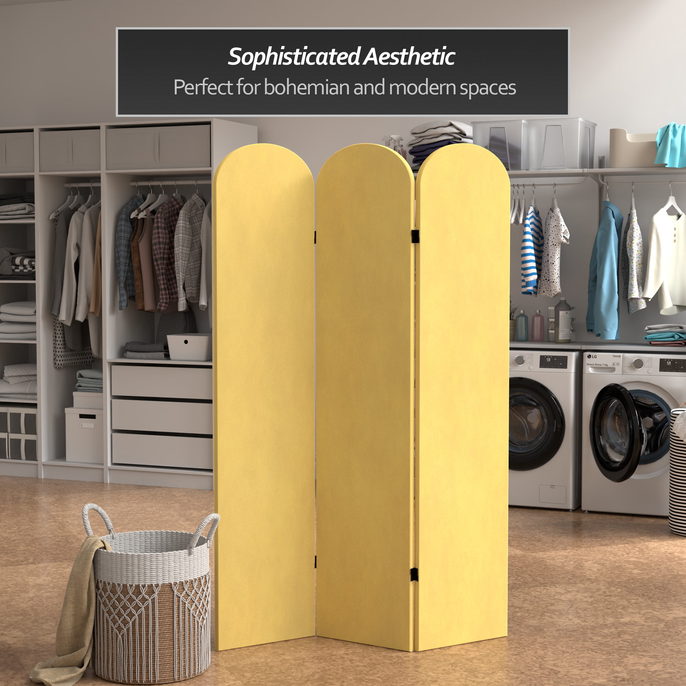 6 ft. Classic Arch Velvet Room Divider Yellow 3 Panel