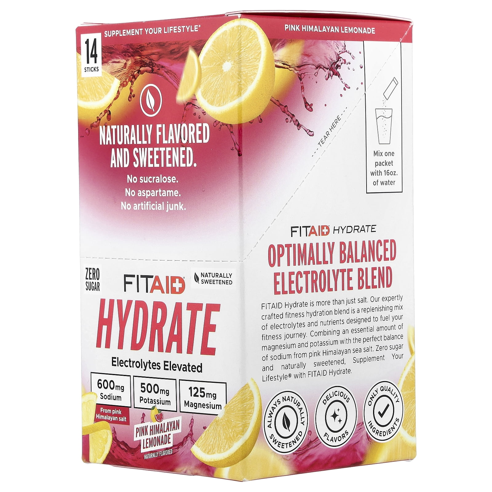 FITAID Hydrate, Pink Himalayan Lemonade, 14 Sticks, 0.18 oz (5.2 g) Each