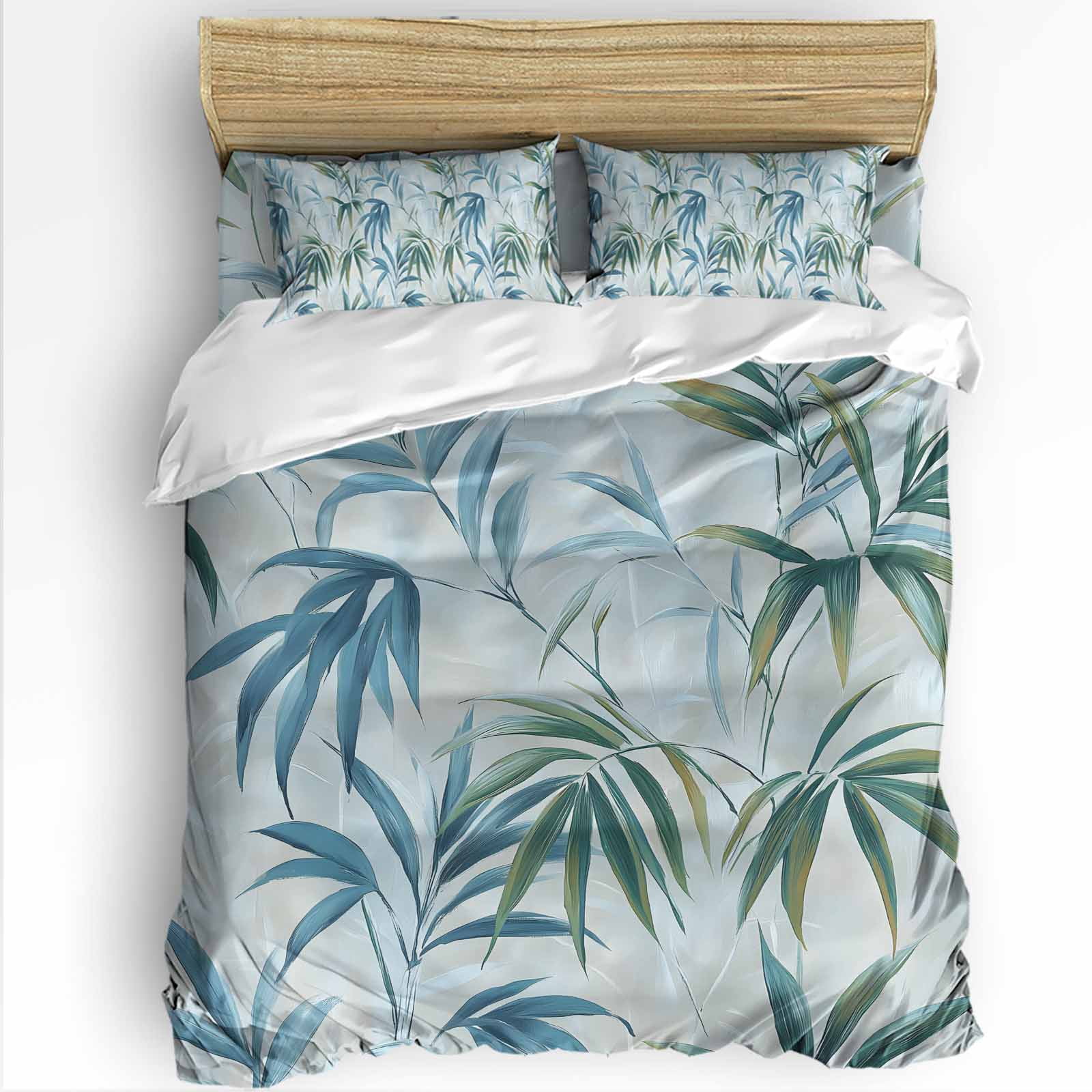Bamboos Leaf Queen Duvet Cover Set, Green Watercolor Leaves Modernism 4 Piece Microfiber Bedding Set with Zipper Closure, Bed Sheet and 2 Pillow Shams, Soft Bedding Cover