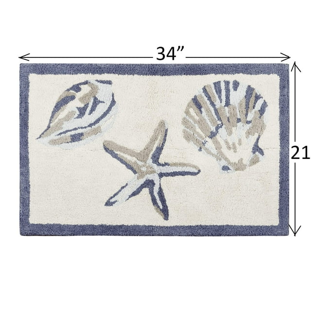 510 Design Bayside 100% Cotton Tufted Non-Slip Absorbent Ultra Soft Seashells Beach Style Bath Mat Bathroom Rugs 21X34 Inches Blue