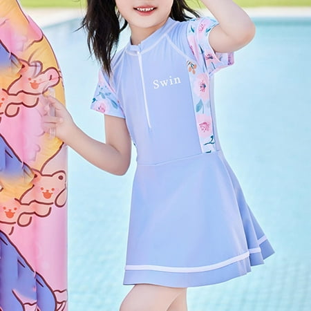 DAETIROS Girls One Piece Swimsuit  Skirted Modest Quarter Zip Summer Short Sleeve Beach Girls Swimwear Dress Blue Size 3 T