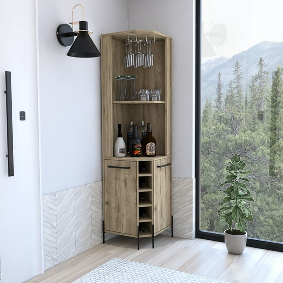 Beige Corner Bar Cabinet With Two Shelves, Independent Single Door Cabinets, Five Built-in Wine , And Four Interior Shelves For Entertaining Friends Captivating In