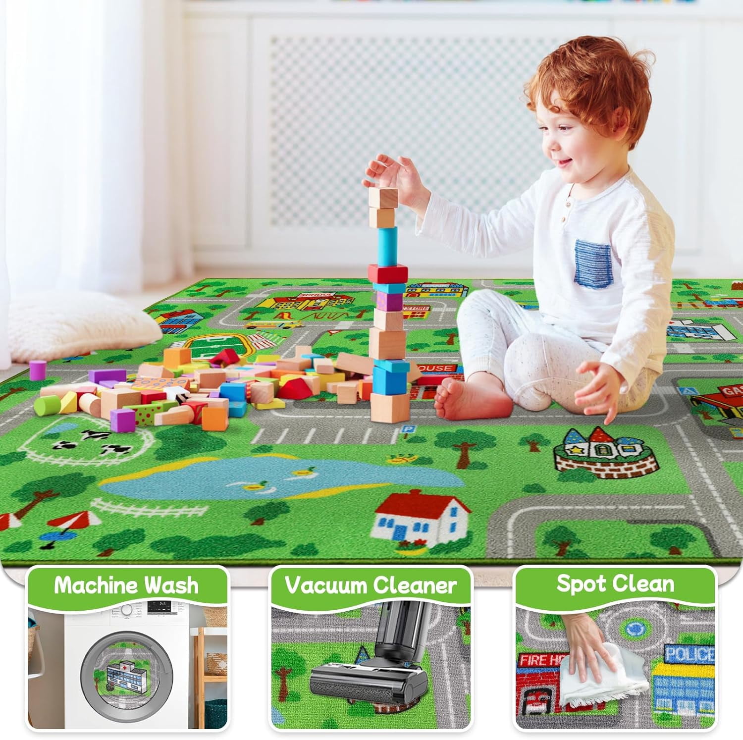 ORGOWEL Kids Carpet Playmat Rug 59"x78.7" Traffic Road Kid Play Car Mat Non-Slip Children Educational Game Car Mat Area Rug for Playroom Bedroom,Large Town City Road Map Car Mat for Baby,Green
