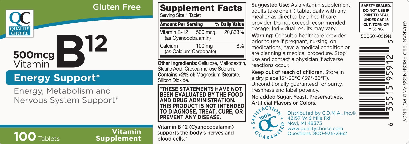 Quality Choice 500mcg Vitamin B12 Energy Support Tablets, 100 Count - Pack of 6