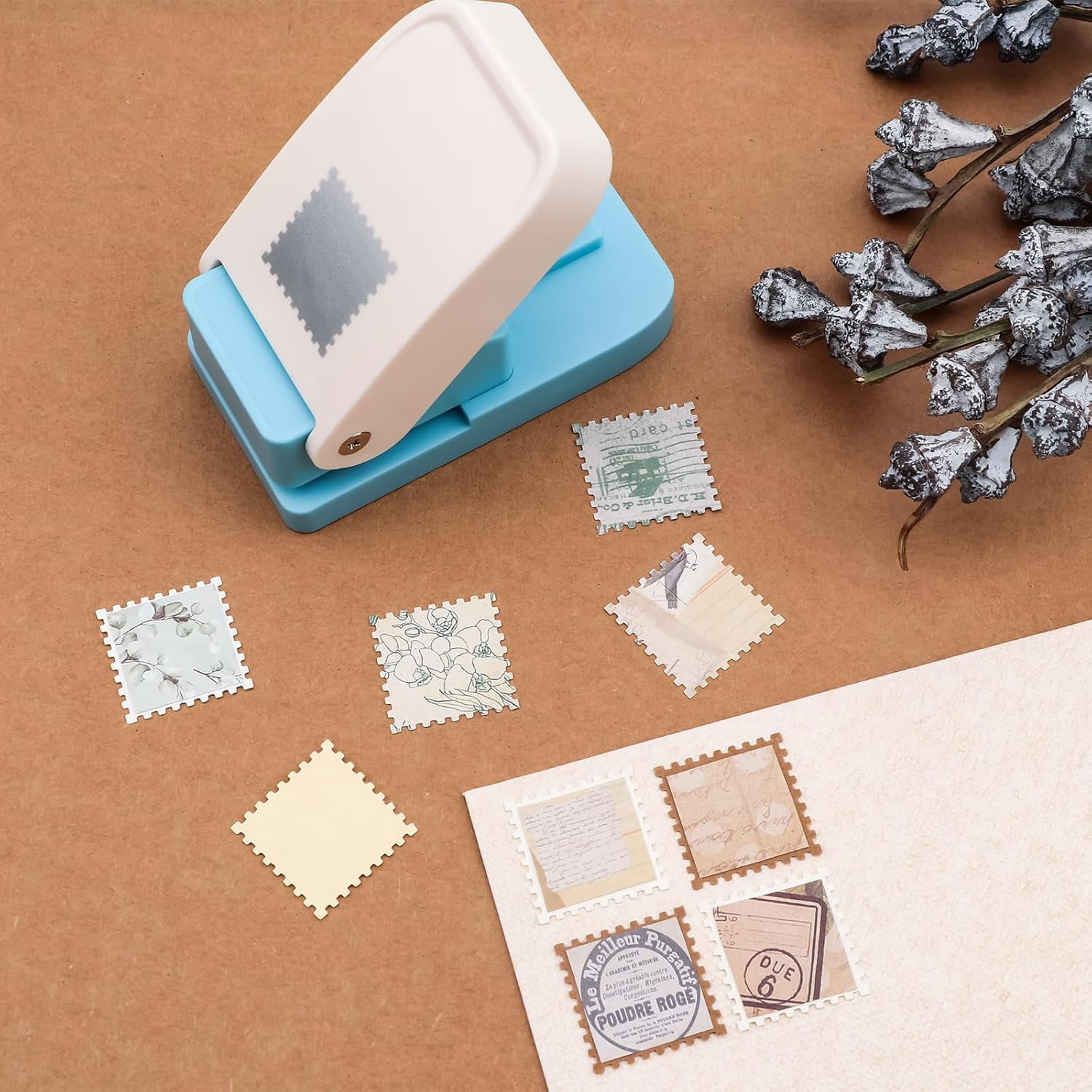 Niuxa Stamp Puncher 1x1inch Square Postage Stamp Punch |Stamp Hole Puncher| Scalloped Rectangle Lever Action Paper Punches for Crafting Scrapbooking DIY Card Making Arts Crafts Supplies