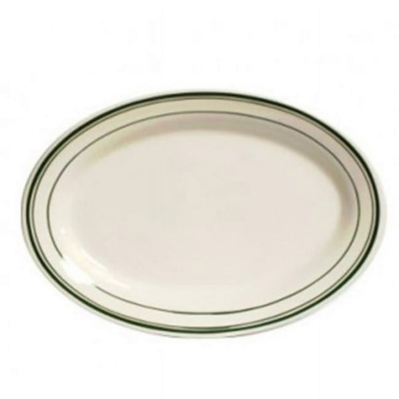Tuxton China TGB-033 Green Bay 7 in. x 4.63 in. Wide Rim Rolled Edge Oval Platter - American White with Green Band  - 3 Dozen