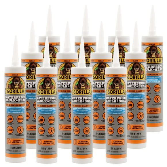 Gorilla Waterproof Caulk &amp; Seal Silicone Sealant, 10oz Cartridge (Pack of 12) - Clear Caulking Sealant for Kitchen, Window, Bath, Marine, Door and More