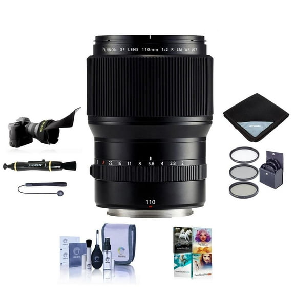 Fujifilm GF 110mm f/2 R LM WR Lens, Bundle with ProOptic 77mm Filter Kit, Flex Lens Shade, Lens Wrap, LensPen Cleaner, Lens Cap Tether, Cleaning Kit, PC Software Kit