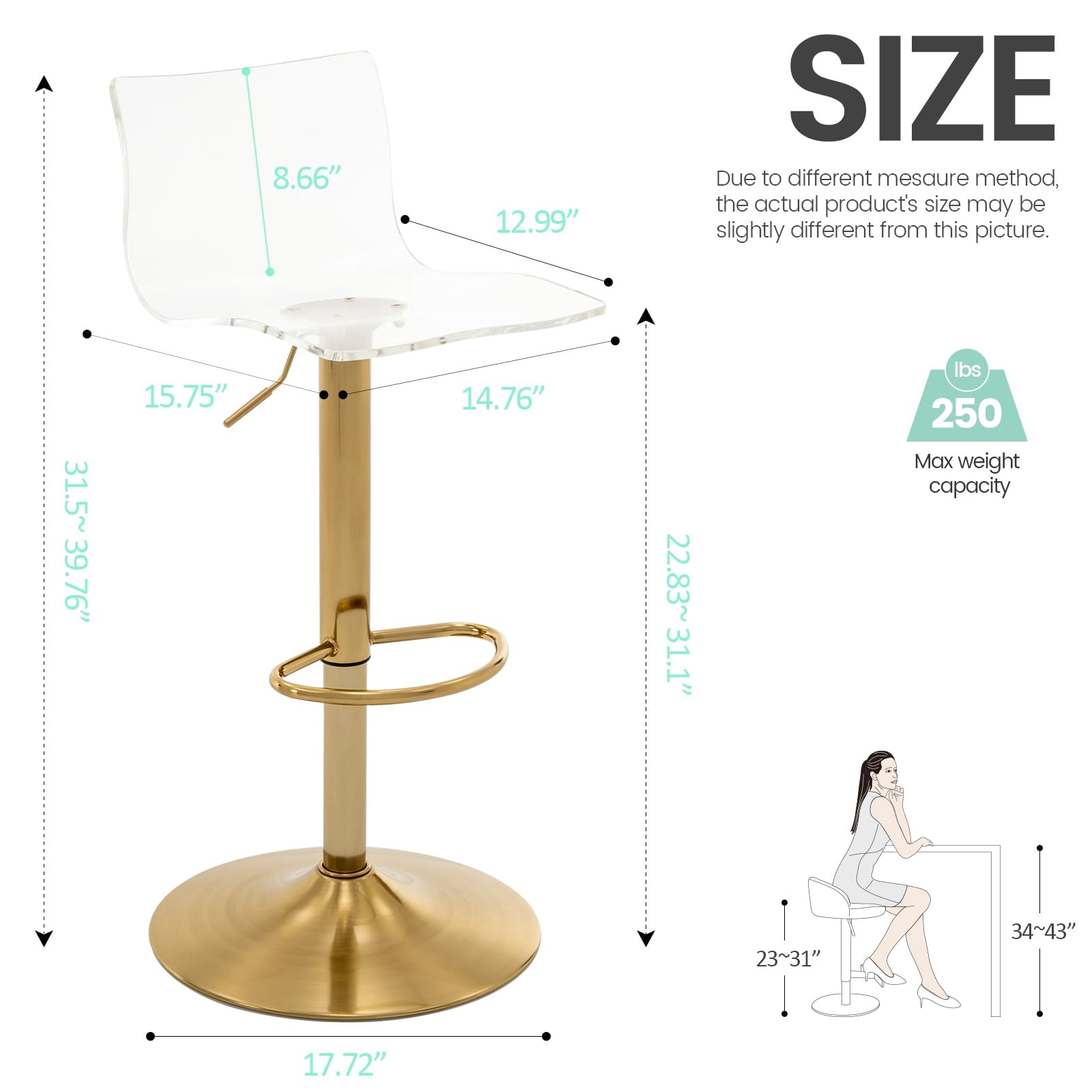 Bar Stools Set of 2, Adjustable Acrylic Swivel Airlift Barstools, Modern Counter Stools with Back and Footrest for Bar, Kitchen, Dining Room (Gold)