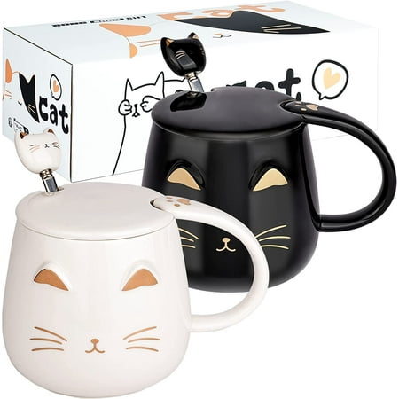 

JLMMEN STORE 2 Pack Cute Cat Mugs Cat Coffee Mug Set with lid and Lovely Kitty Spoon Novelty Morning Tea Milk Mug Set for Cat Lovers Girls Women Christmas Birthday Gift 450ML/15oz White and Black
