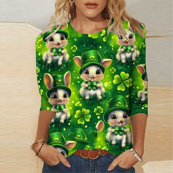 HOMBOM Womens Shamrock Shirts Irish Graphic Tees Holiday St.Patrick's Day Crewneck Army Green Trendy Tshirts for Women 3/4 Sleeve