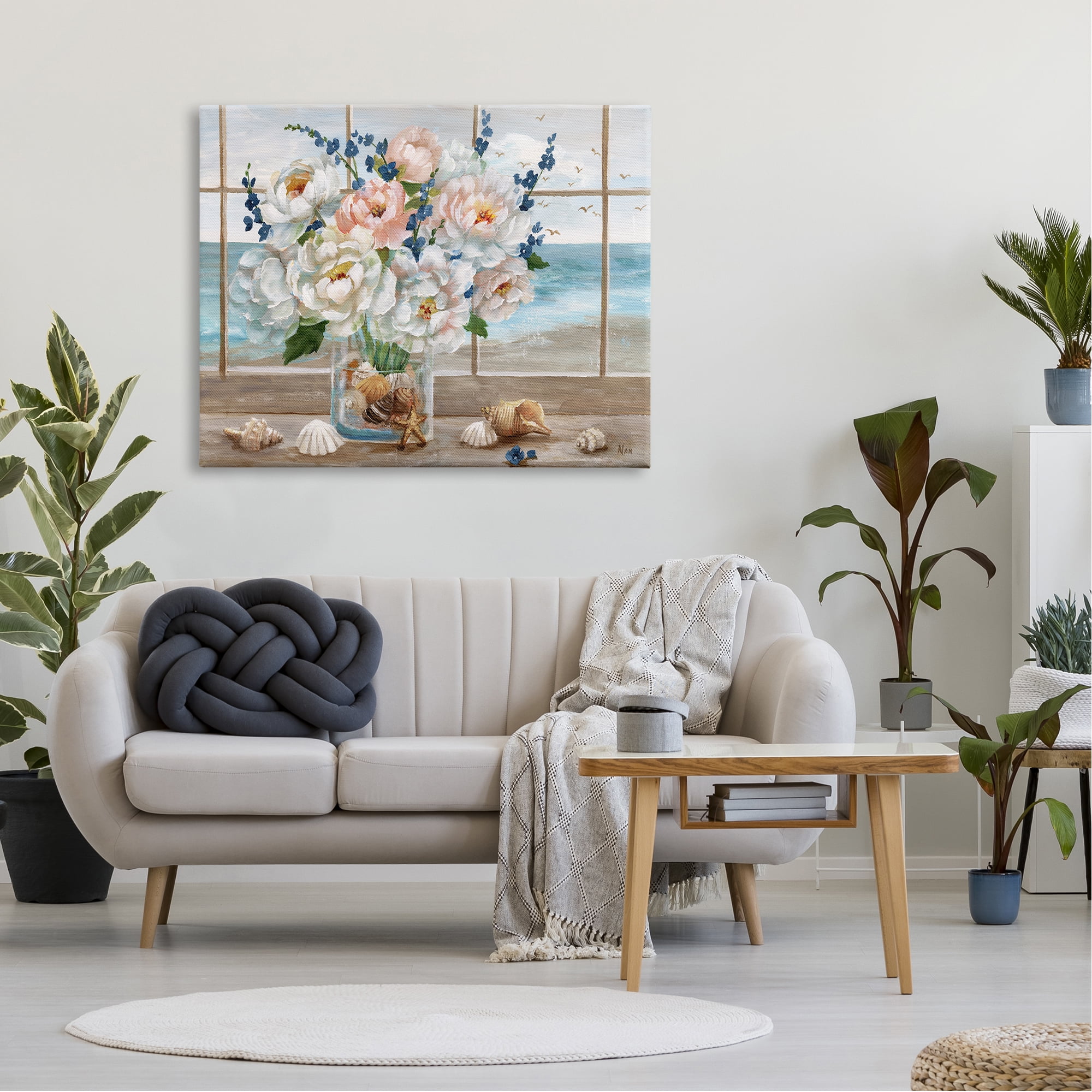 Stupell Industries Beautiful Seaside Peonies Bouquet Vase Beach Seashells, 48 x 36, Design by Nan