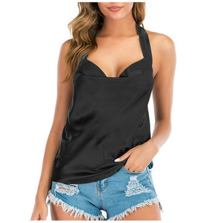 

T Shirts For Women Casual Tops Bra Solid Color Sleeveless Neck Slim Lace Up Tee Shirt Top