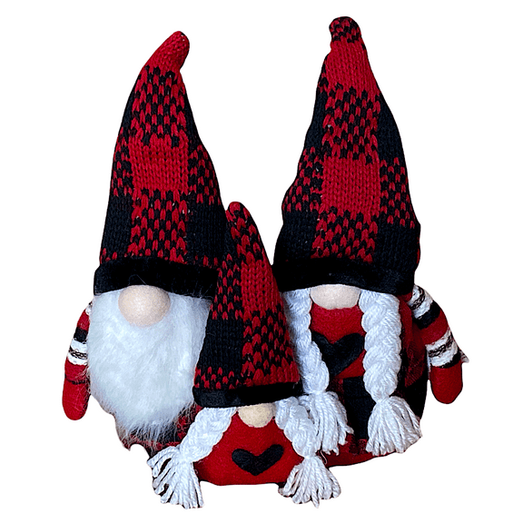 Winter Gnomes Family of 3 Stuffed Plush Figurines Vikings Red & Black Checked Plaid Design Tabletop Shelf Mantel Desk Party Wedding Decor
