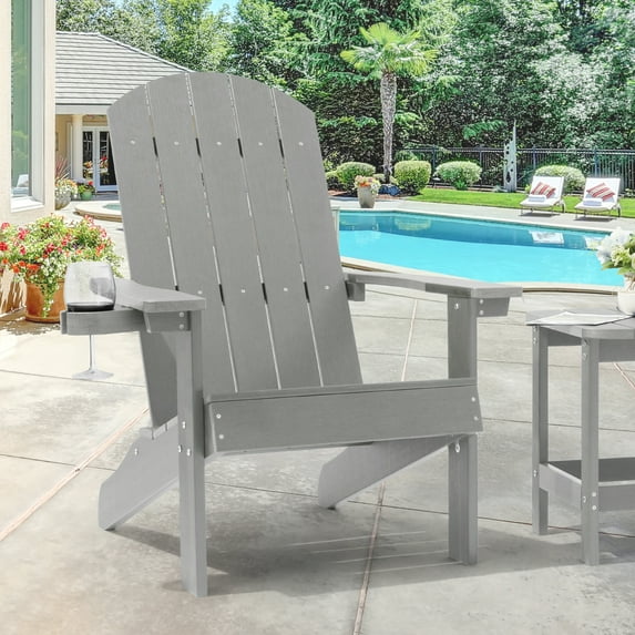 Sonerlic 1Peak Outdoor Patio HIPS Adirondack Chair with Cupholder for Garden,Lawn and Backyard,Light Gray
