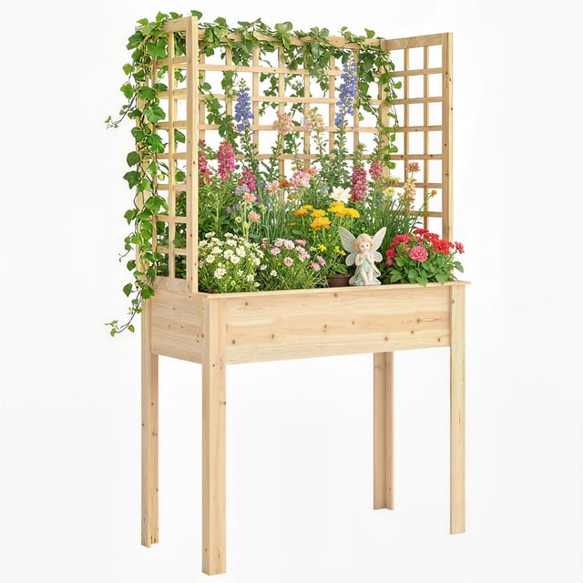 Outsunny Jardinière Surélevée en Bois avec 3 Treillis