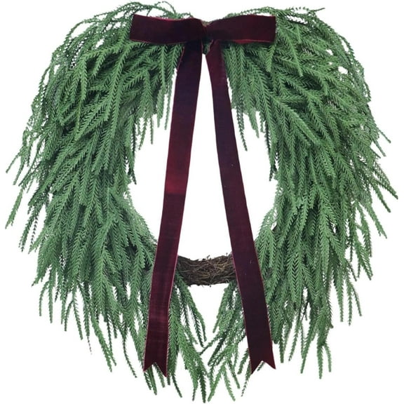 Christmas Norfolk Pine Wreath, 24 Inch Real Touch Christmas Wreaths for Front Door with Velvet Bow , Christmas Door Wreath for Home Door Window Wall Indoor Outdoor Christmas Decoration