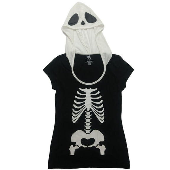 Junior Womens Black & White Skeleton Halloween Tee Shirt Hooded Skull T-Shirt