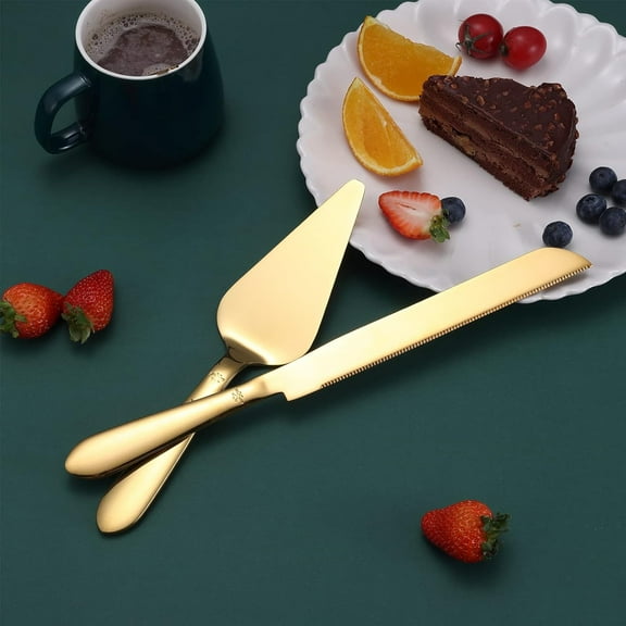 Wedding Cake Knife and Server Set, Integral Stainless Steel Longer Cake Cutter and Wider Pie Spatula, Elegant Cake Cutting Serving Set for Party Birthday Christmas Bridal Shower Set of 2
