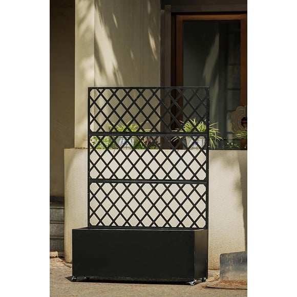 Bingirl 71x46x16in Steel Raised Garden Bed with Trellis Privacy Screen - Planter Box with Lockable Casters Drainage Holes for Vines Vegetables On Patio Deck or Yard Black