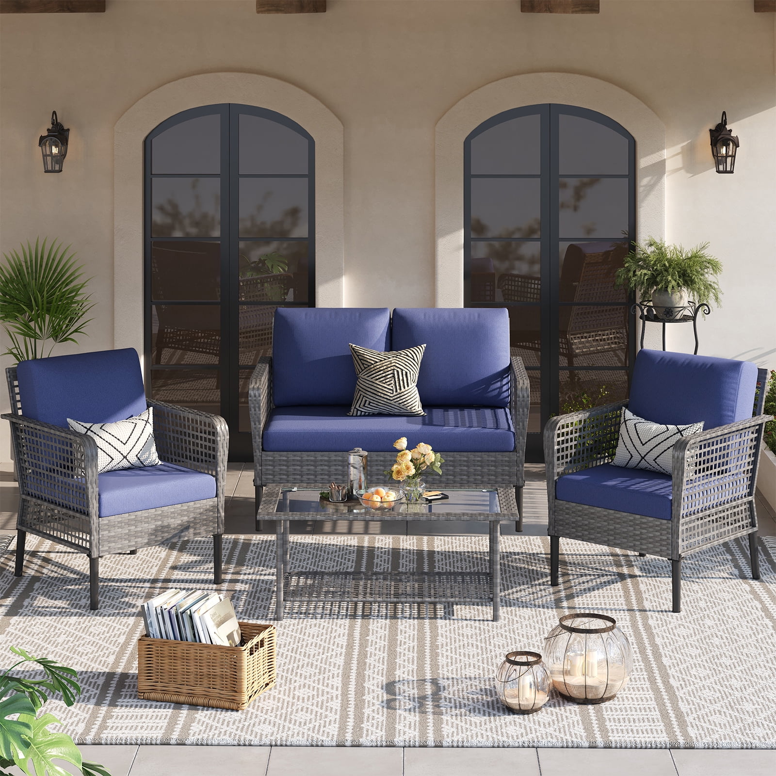 ELPOSUN 4 Pieces Patio Furniture Set, All-Weather Wicker Outdoor Furniture Set for Porch, Patio Conversation Set for Backyard, Balcony, Gray/Blue