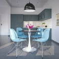 thumbnail image 2 of LeisureMod 5-Piece Dining Set 35" Round Dining Table with MDF Tabletop in White Iron 4 ABS Plastic Side Chair with Chrome Eiffel Base for Modern Home, Kitchen Bristol Series in Transparent Blue, 2 of 10
