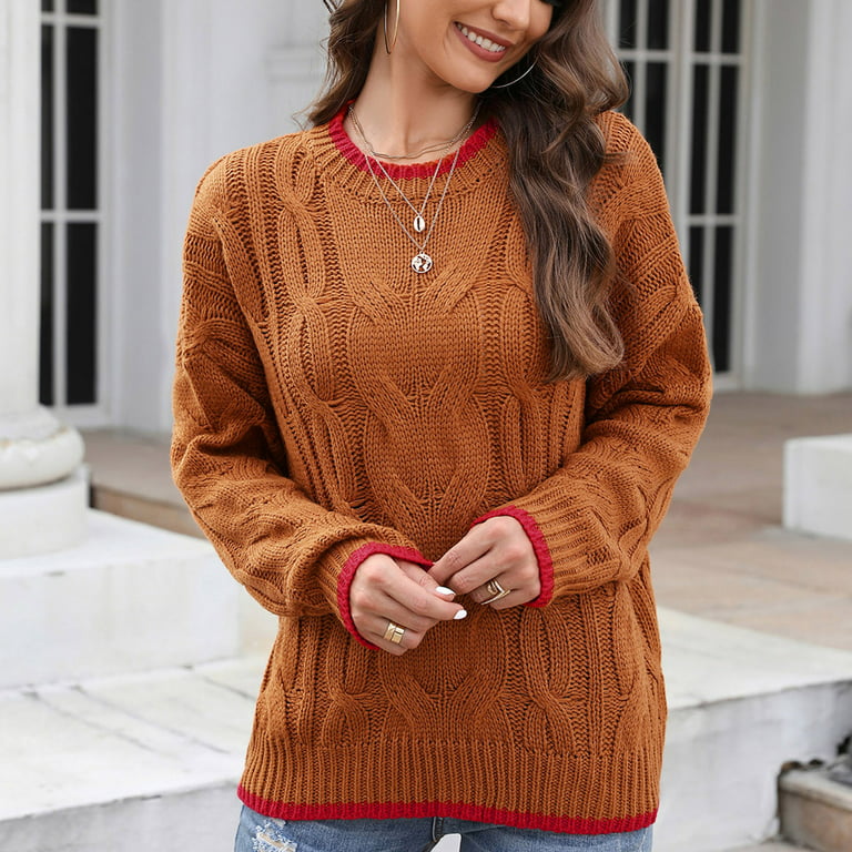 Twist Knit Sweater Women's Loose Crew Neck Long Sleeve Pullover