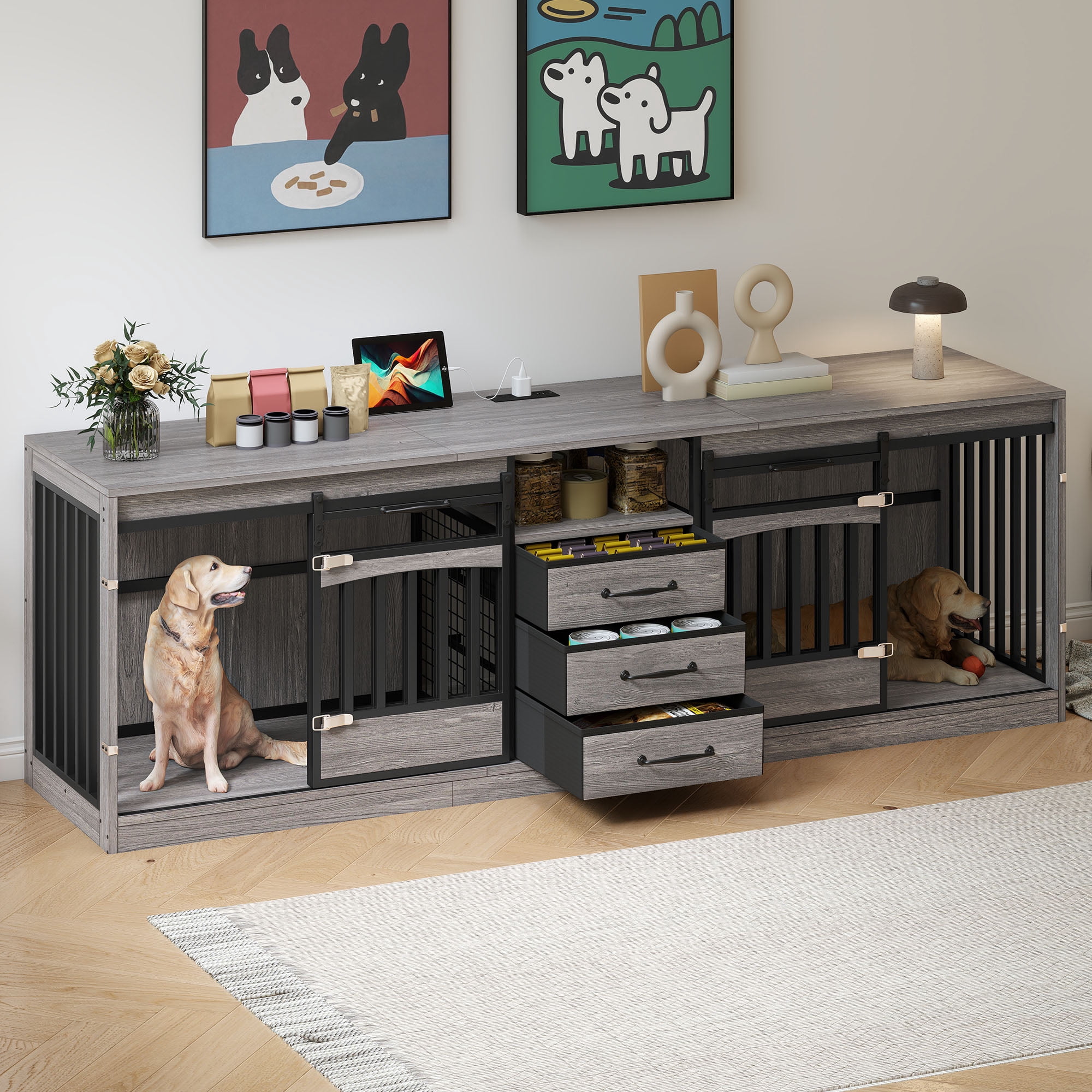Homiflex 86" Large Double Dog Crate Furniture with 3 Storage Drawers & 1 Shelf Farmhouse Dog Kennel TV Stand Indoor for 2 Large Medium Dogs Decorative Dog Cage with Sliding Door Power Outlets Grey
