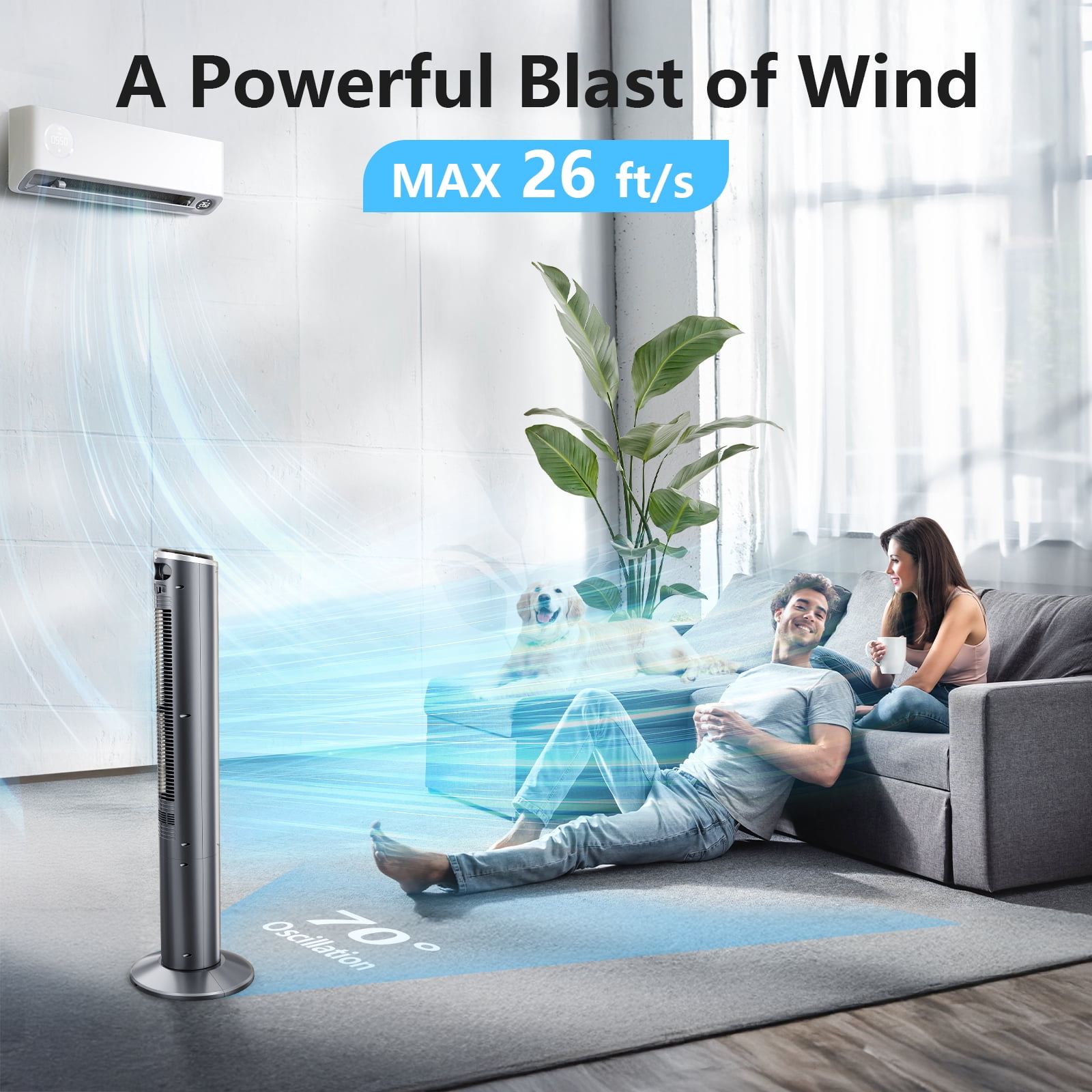 Qunler Tower Fan with Remote, 40" Bladeless Fan for Home, 70° Oscillation, 3 Speeds, 2 Modes, 15H Timer Quiet AC Motor Floor Fan for Bedroom, Office, Gray