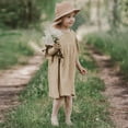 thumbnail image 4 of HOMADLES Big Girls Dress Solid Crewneck Linen Stretch Summer Loose Princess Dress Dress Khaki 6 T, 4 of 9