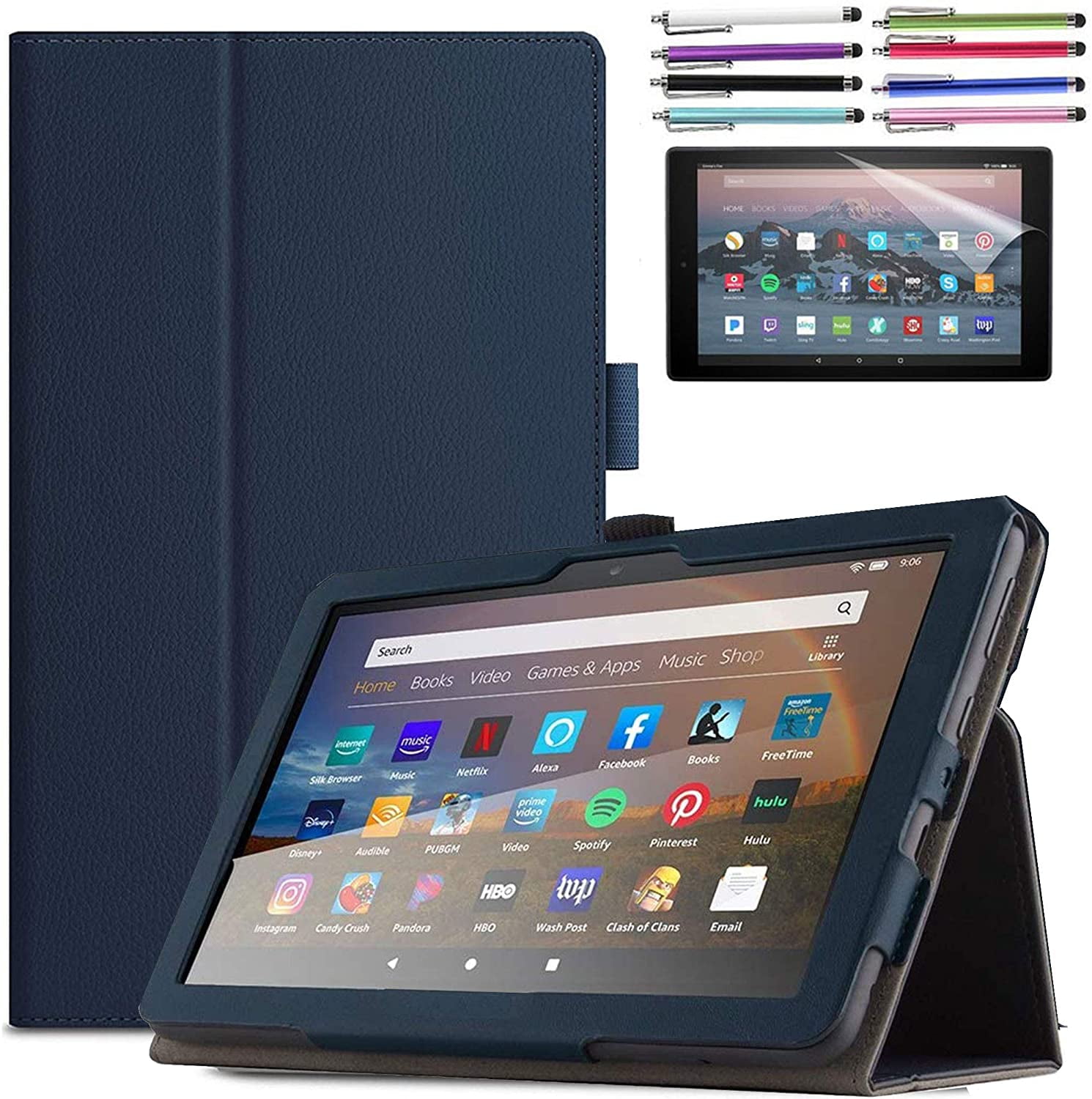 Leather Stand Cover Case Tempered Glass Screen Protector For Amazon Fire HD 10 