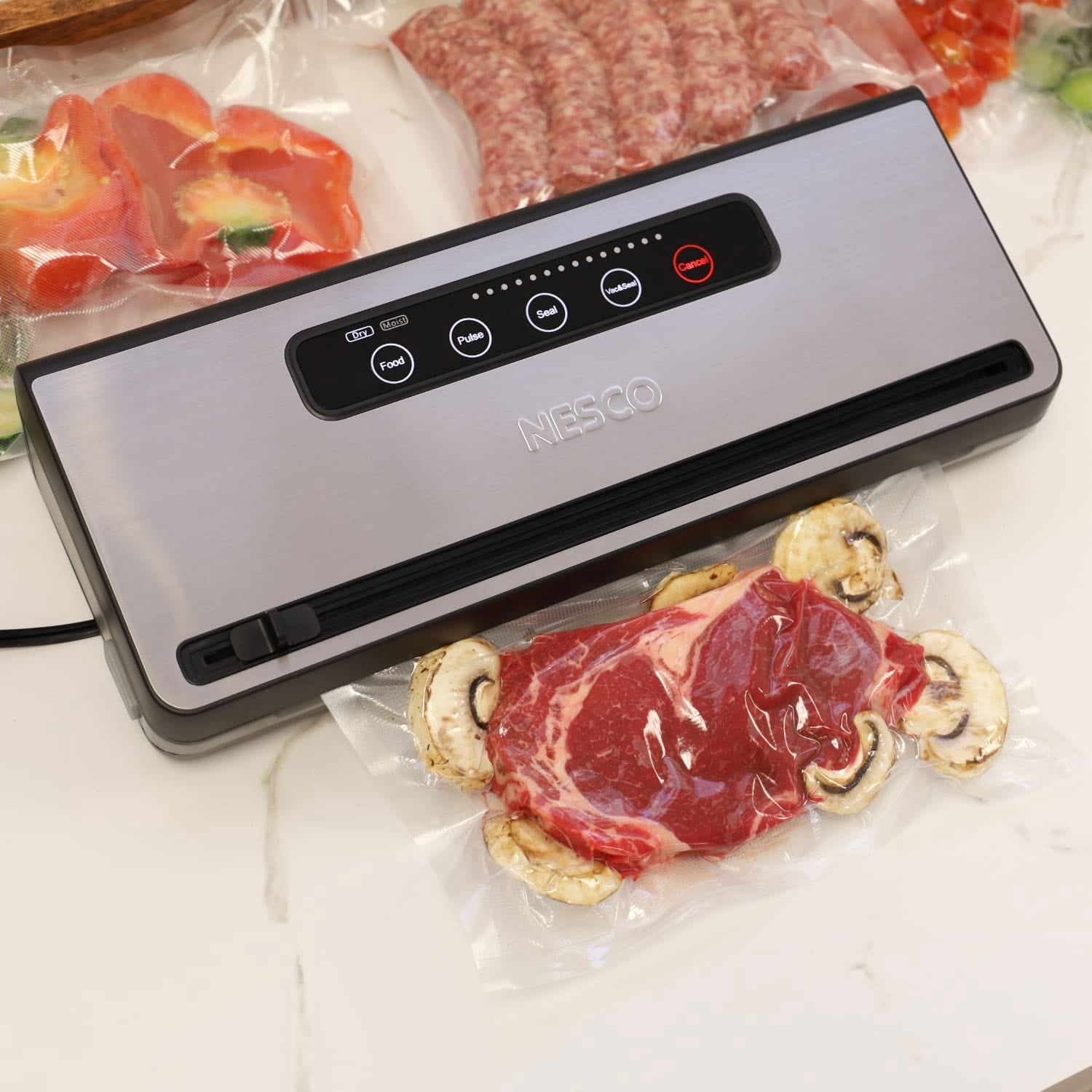 NESCO® Vacuum Sealer Machine, One-Touch Automatic Food Sealer With Digital Control Panel, Pulse Mode, Built-In Roll Storage, For Bulk Food Storage & Freezer Meals, VS-101S