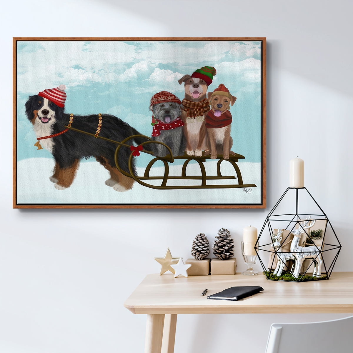 Christmas Mutt Sled - Framed Gallery Wrapped Holiday Canvas - 27 x 41 - Rosewood Frame