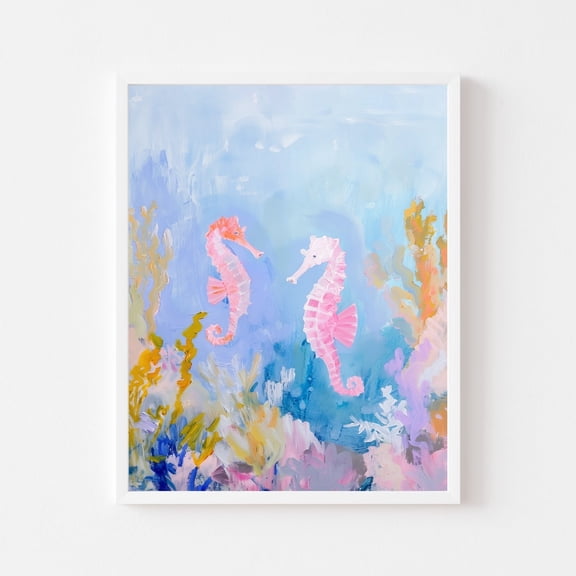 Kna Prints - Colorful Pink Seahorse Painting Under The Sea Art Print Coastal Summer Beach House Ocean Coral Wall Decor Wall Art Decor For Home Office, UNFRAMED-8x12