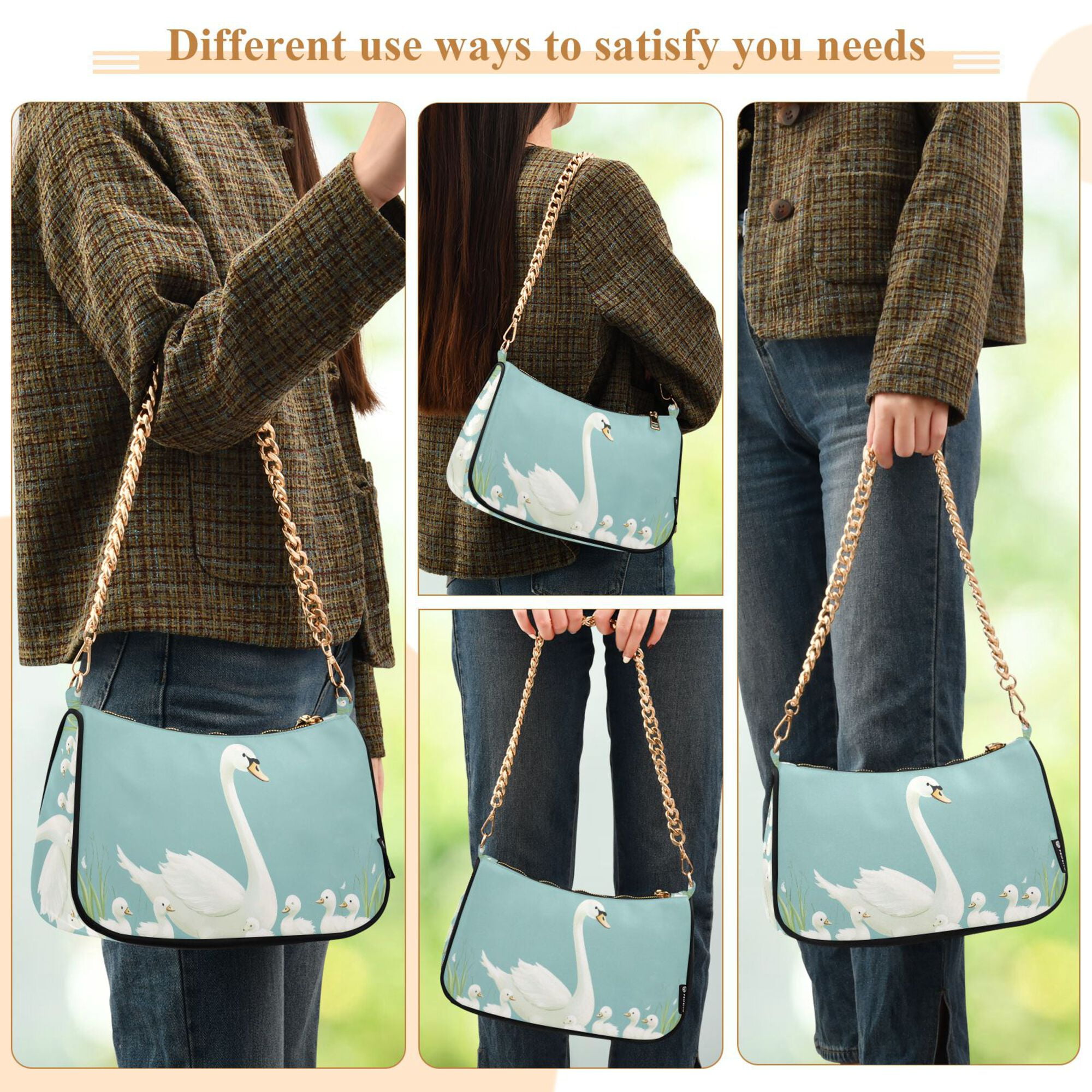 FORMRS Womens Shoulder Bag with Chain Strap Clutch Purse Cute Tote Handbag, White Cartoon Swan