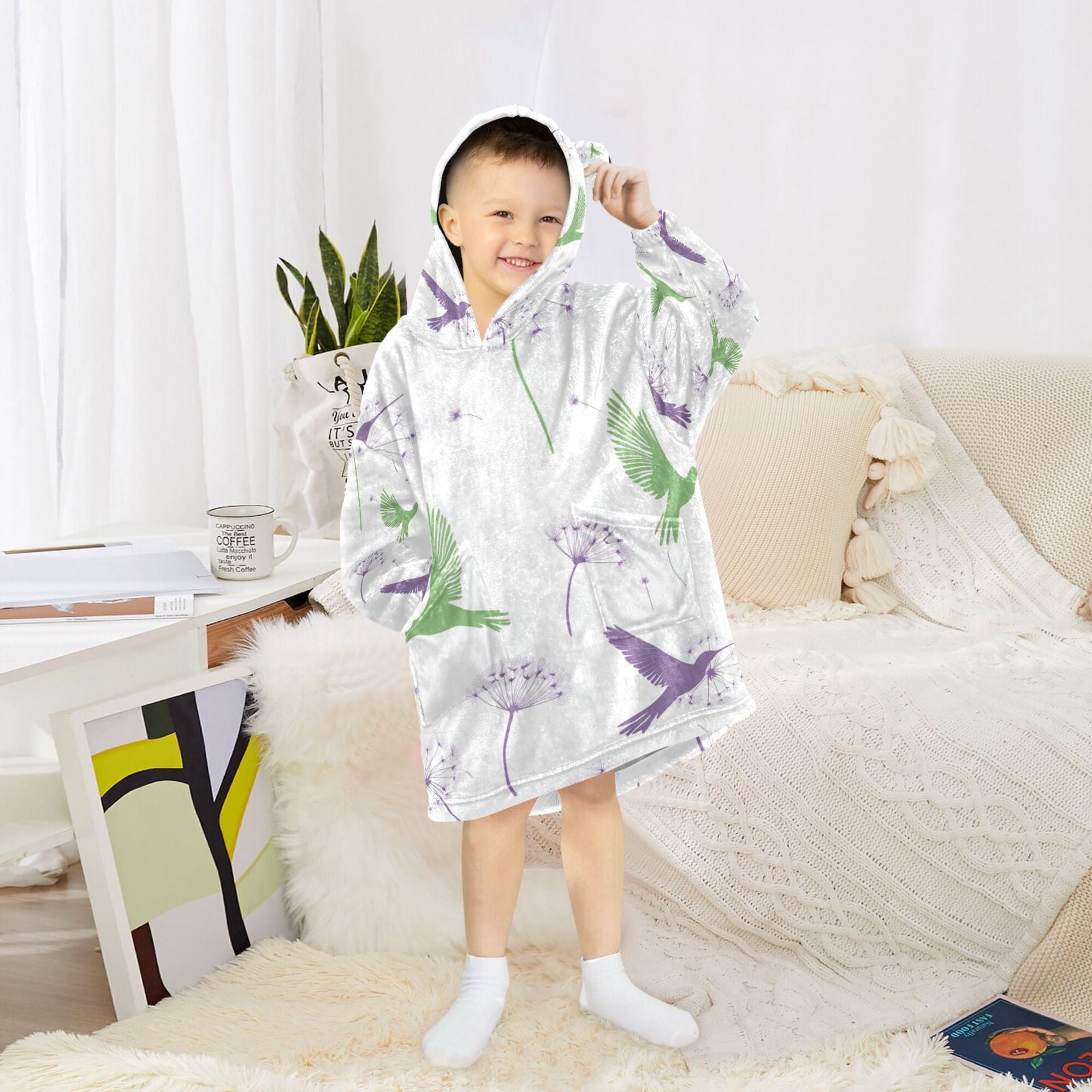 FORMRS Wearable Blanket Hoodie with Sleeves for Kids Cozy Flannel Sweatshirt, Purple Birds