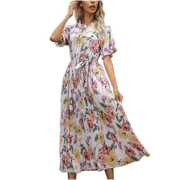 Falda larga plisada de manga corta con volantes y cuello redondo para mujer de primavera y verano Pompotops ghjkhdj15181