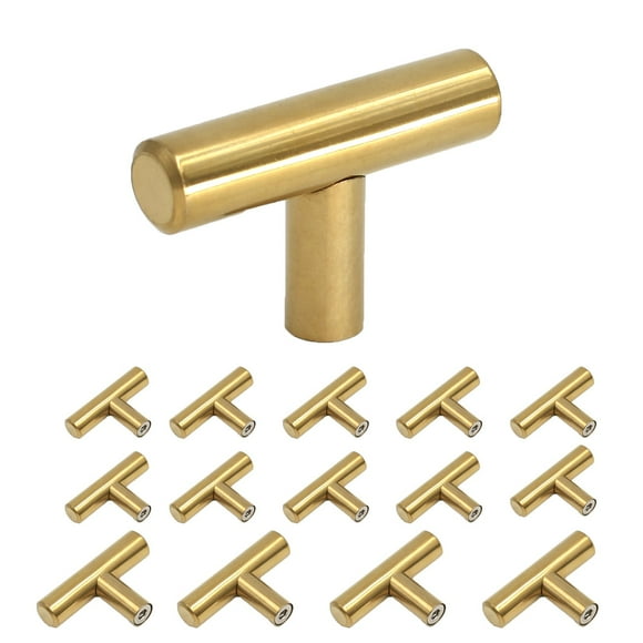 homdiy Gold Cabinet Knobs 15 Pack Cabinet Hardware Knobs Polished Brass - HD201PB Single Hole T Knob with 2in Overall Length Drawer Pulls and Knobs Gold