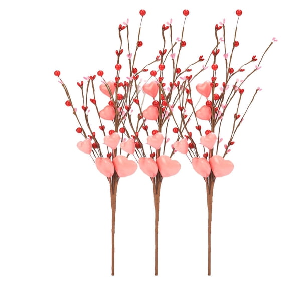 3 piezas de palitos de bayas artificiales en forma de corazón, palitos florales artificiales, flores corazon rosa